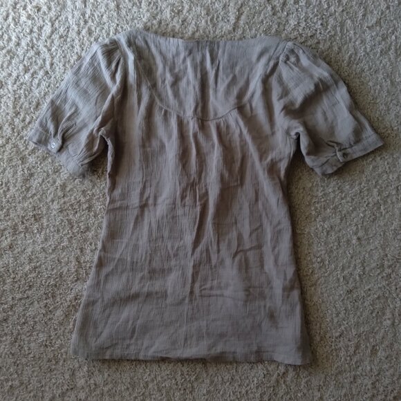 Light Brown Puff Sleeve Cotton Blouse with Cream Floral Crochet Detail Size S - Picture 3 of 4